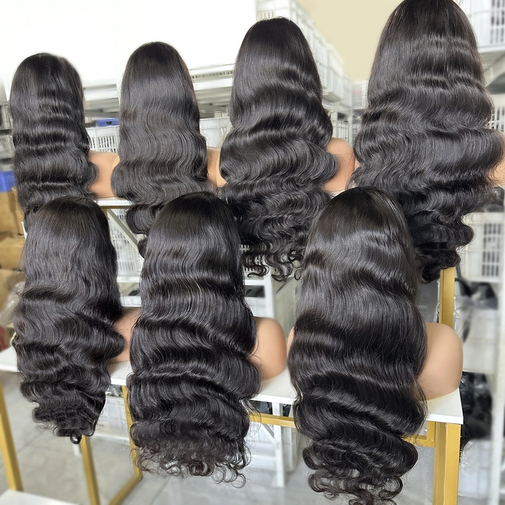 28inch Transparent Lace Virgin Hair Natural Color Body Wave Full Frontal Wigs 180% Density